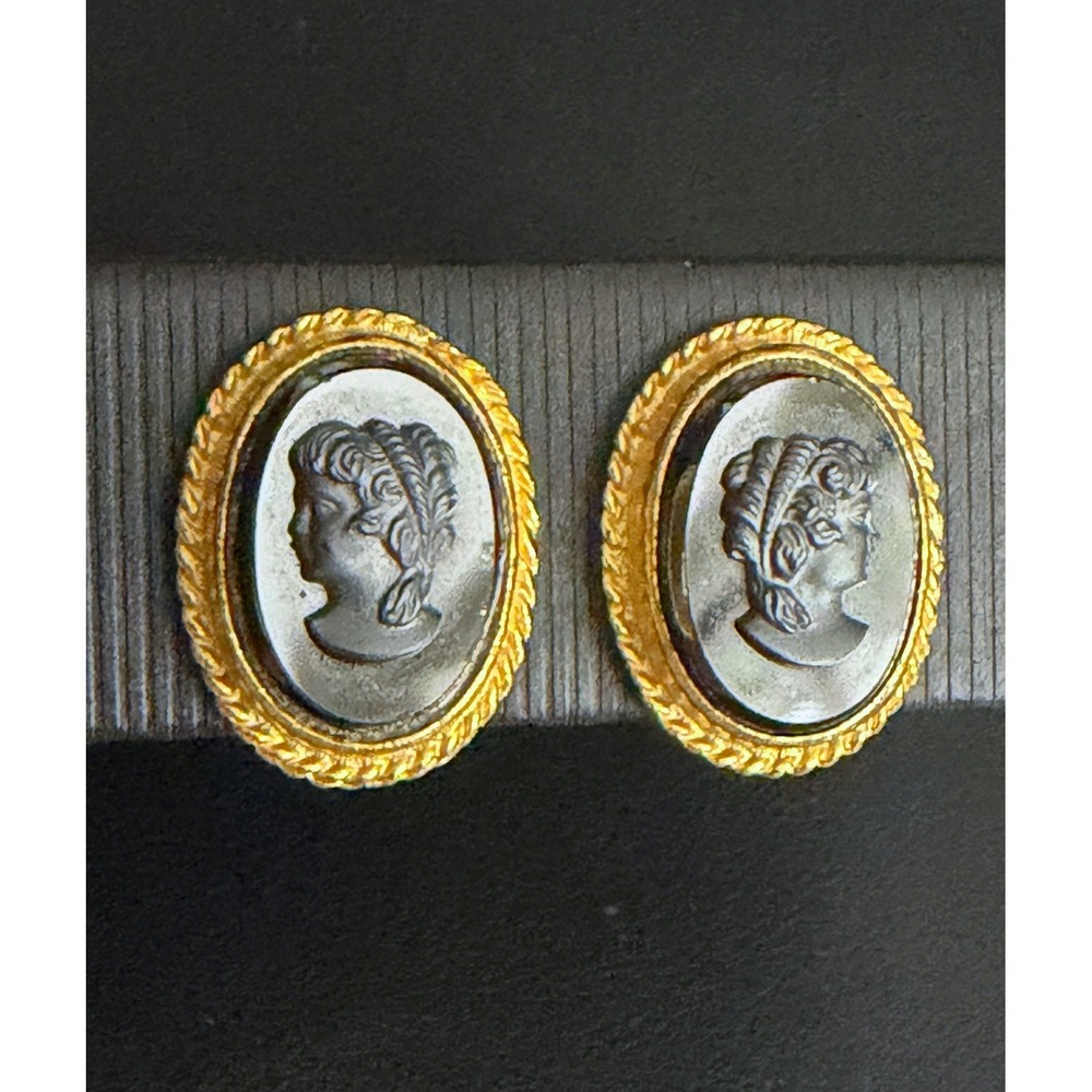 Vintage Cameo Earrings Clip Ons Black Gold Tone Victorian Revival